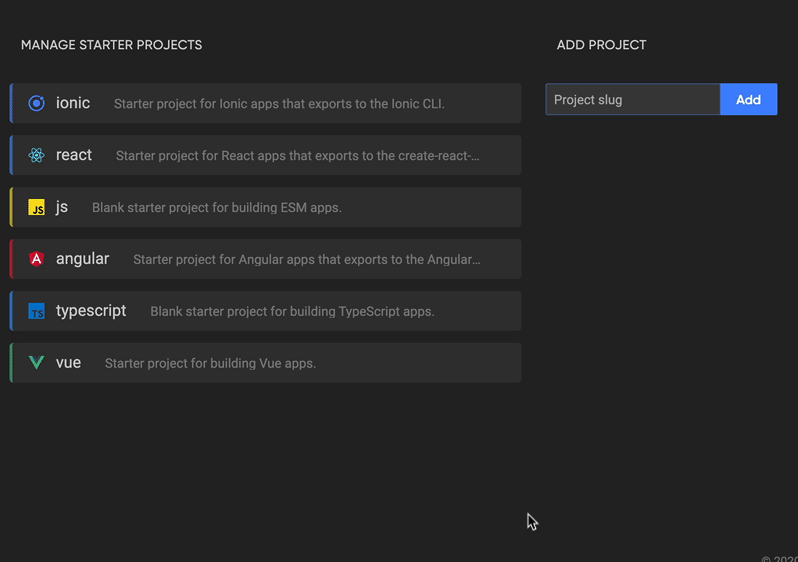 Animation of adding a starter project using a project’s slug