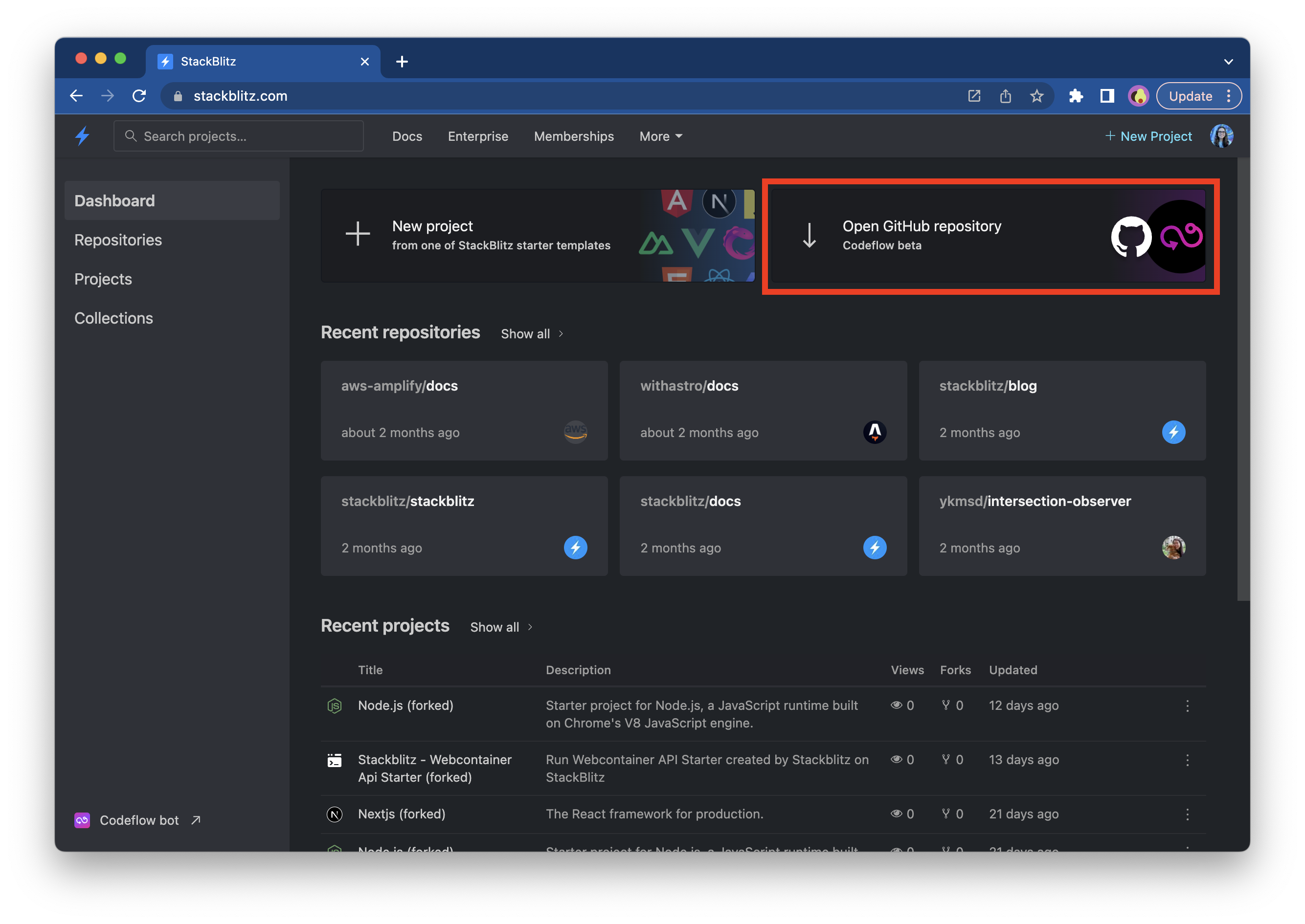 "Open GitHub repository" button is highlighted