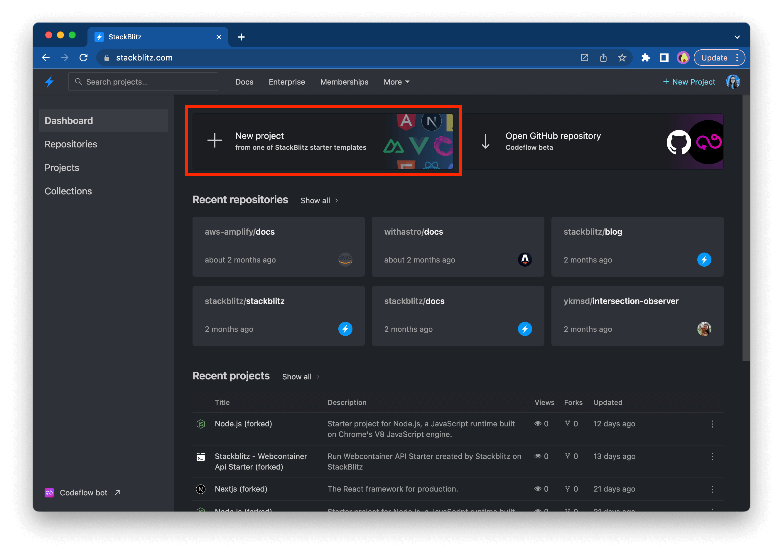 "New Project" button is highlighted