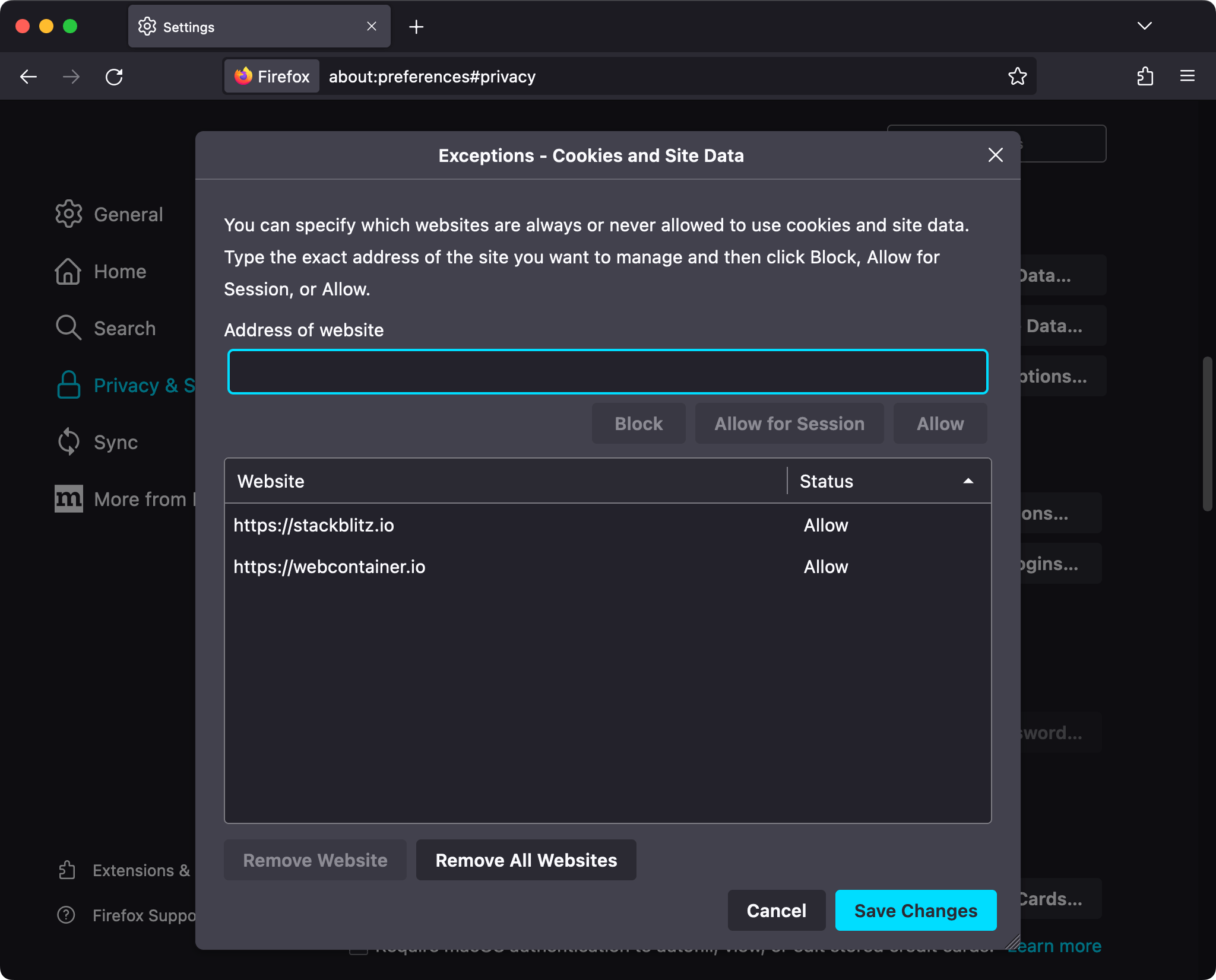 The Cookies and site data exceptions management window in Firefox settings. It shows a couple entries for stackblitz.io and webcontainer.io, both with the value “Allow”.