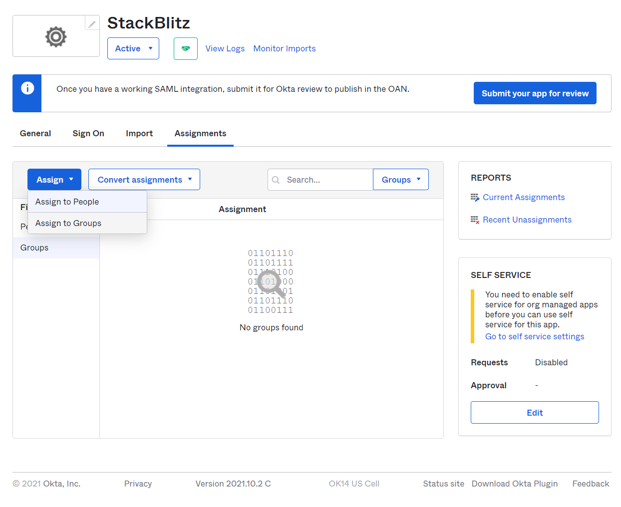Okta SAML config in StackBlitz Admin Panel