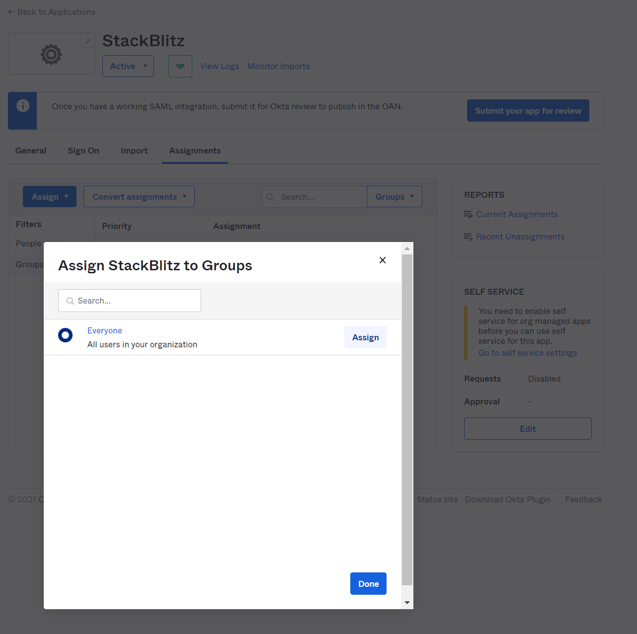 Okta SAML config in StackBlitz Admin Panel