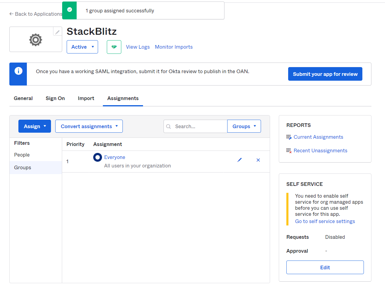 Created App Assignment in Okta