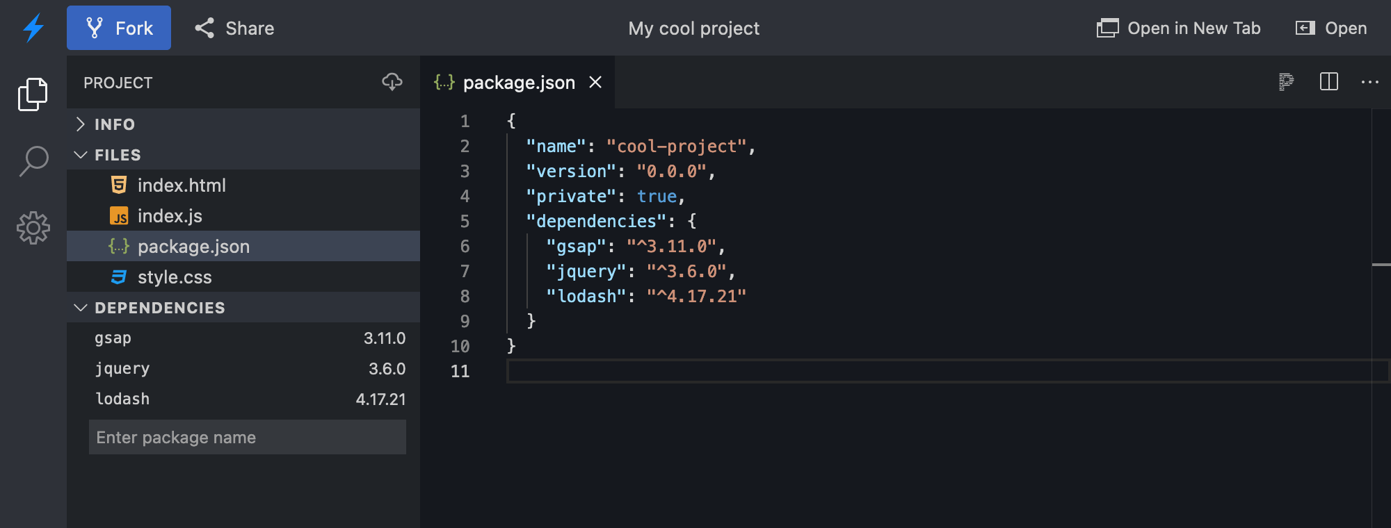 Screenshot of a project showing three packages in the “Dependencies” section of the sidebar, and an editor tab with the same dependencies in a package.json file.