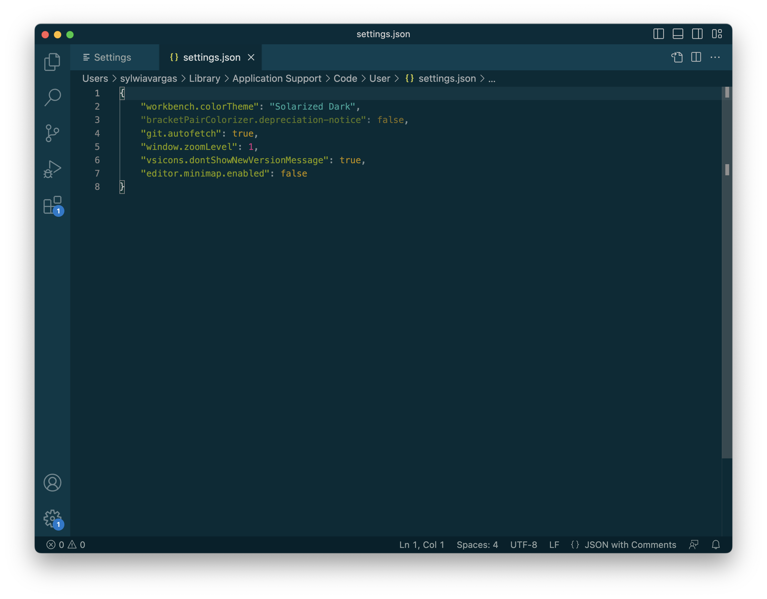 Settings view in JSON
