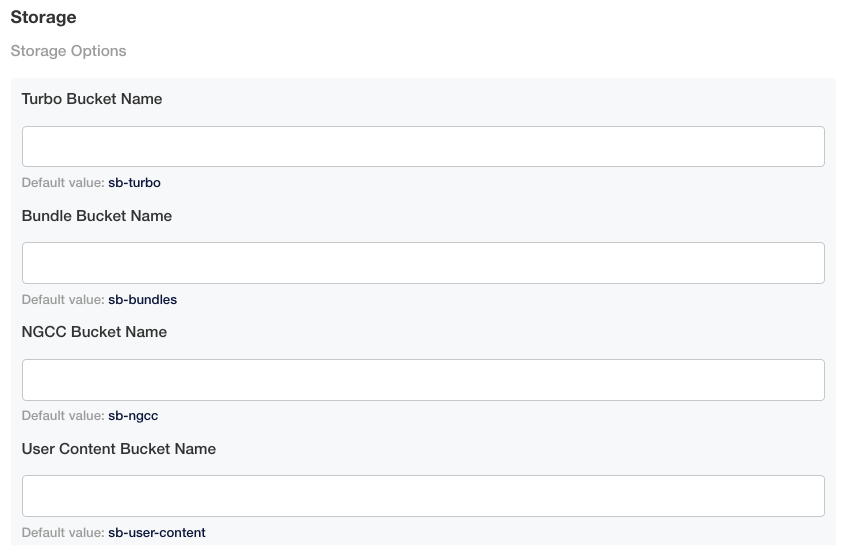 Bucket names and default values under Storage Options in kots dashboard.